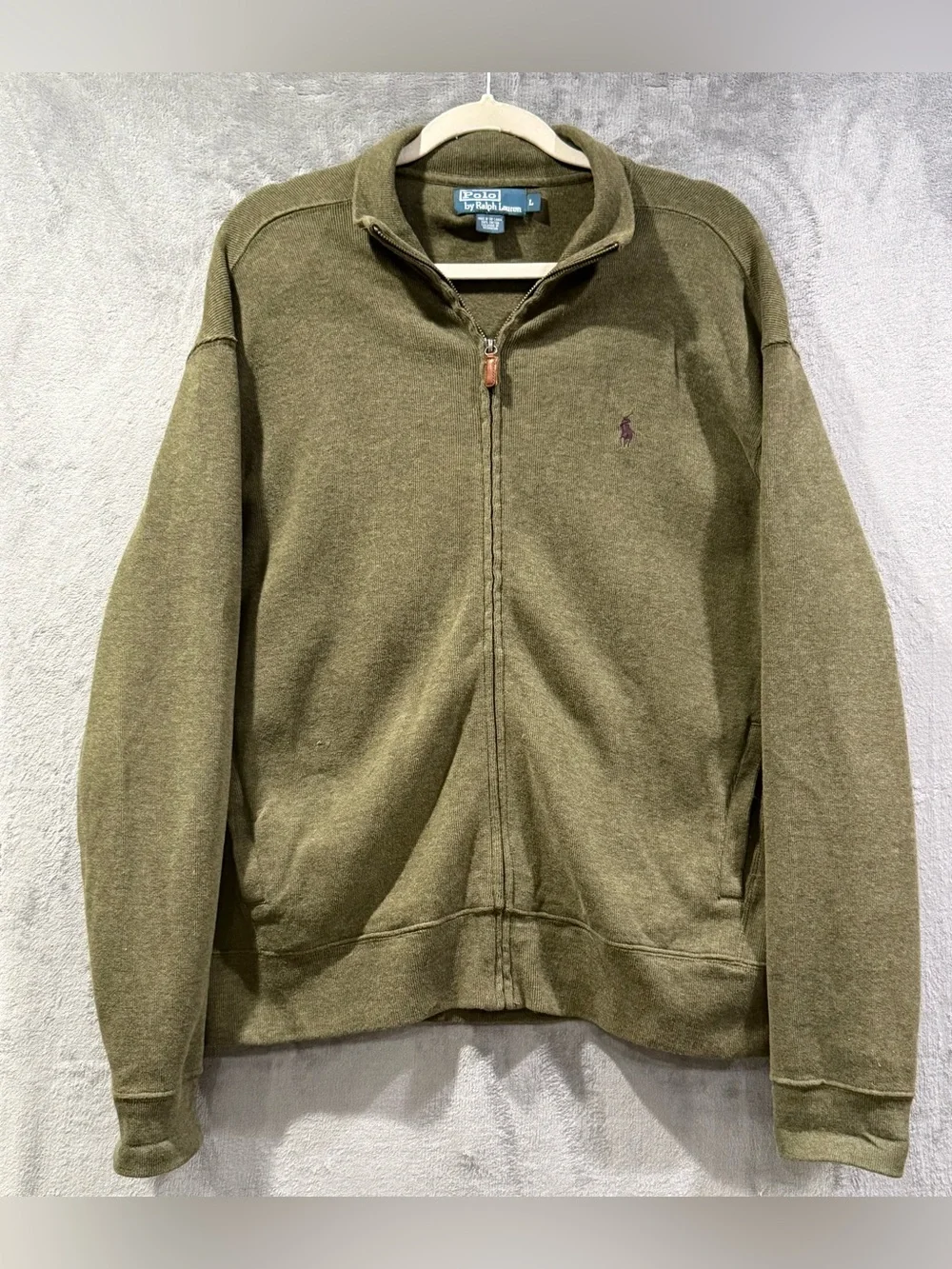VTG Polo Ralph Lauren Sweater Mens L Olive Green Full Zip Mock Neck 100% Cotton